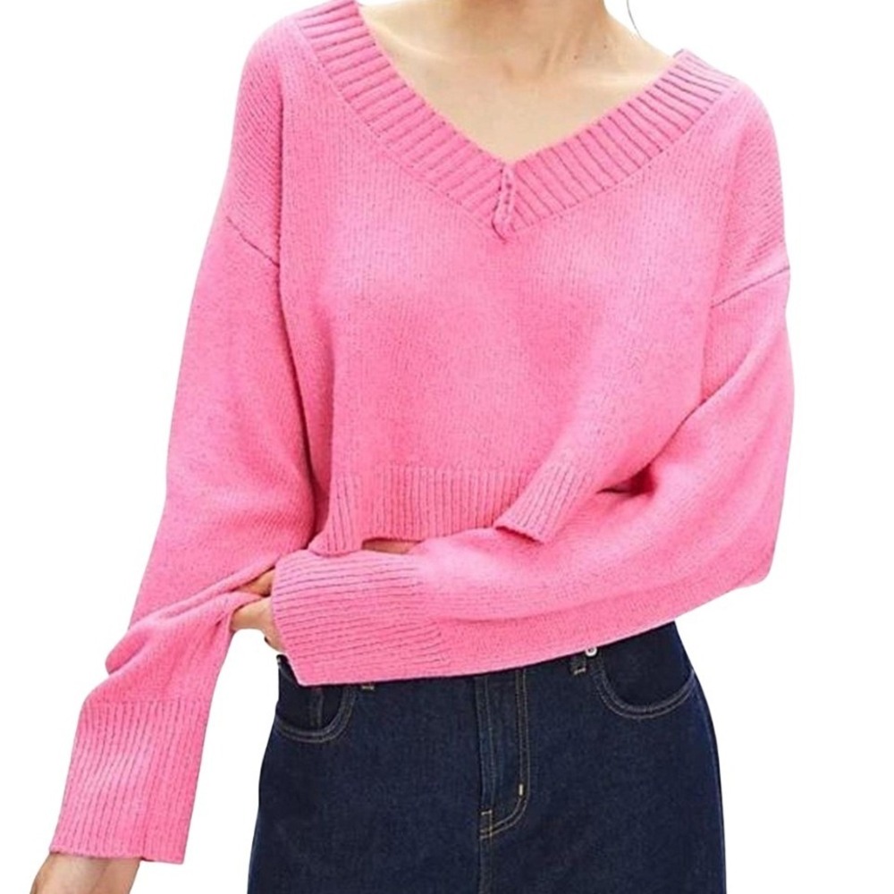 BDG Jenna Womens Pink V Neck Cropped Cozy Sweater Long Sleeve Ribbed Knit Size M